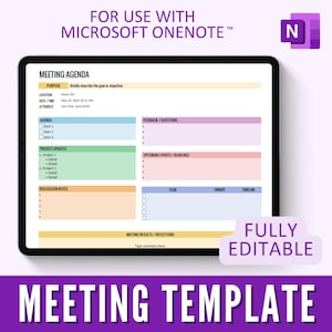 Modello di note di riunione OneNote, modello di agenda di riunione digitale personalizzabile, verbali di riunione online, note digitali di registrazione di progetti aziendali