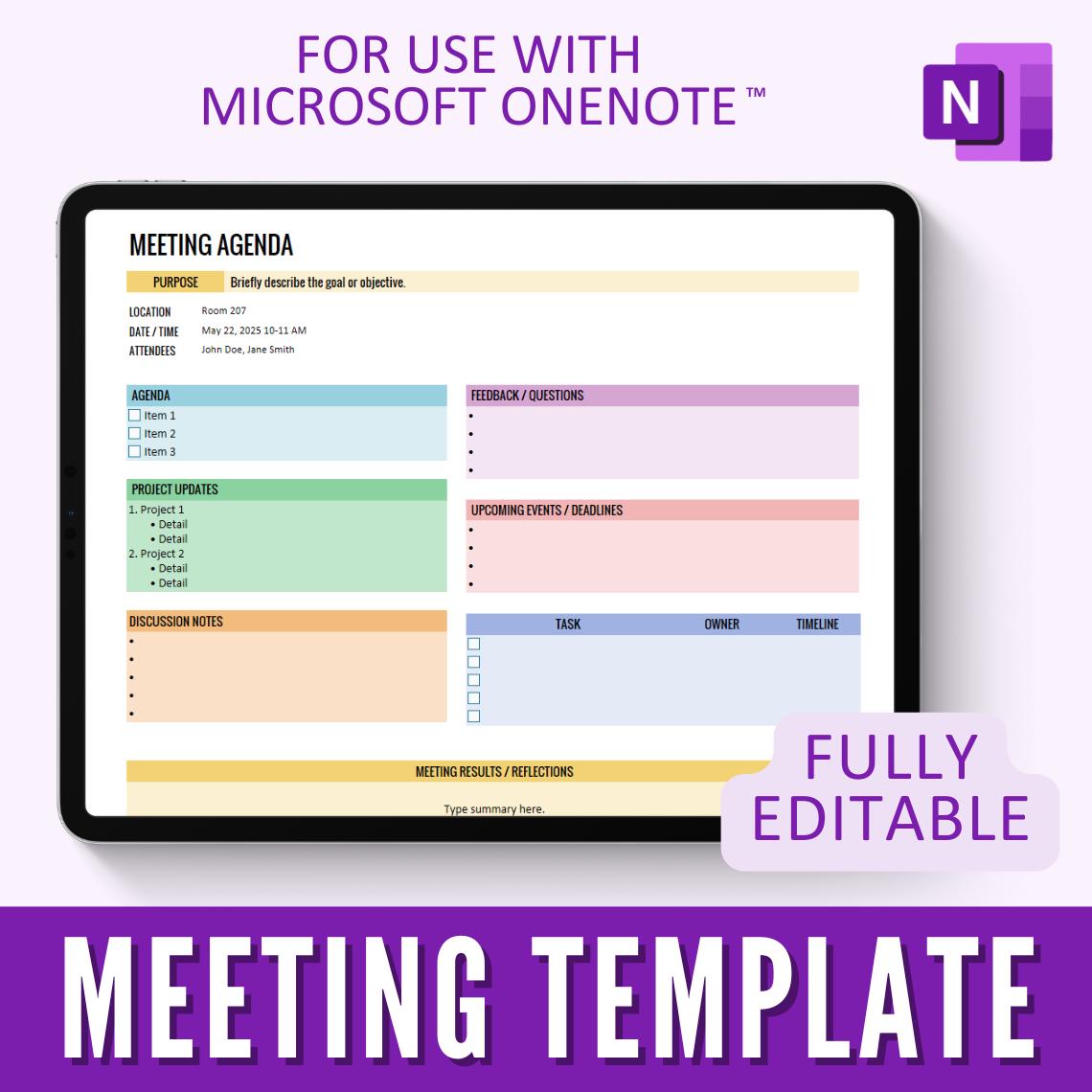 Onenote Meeting Notes Template, Customizable Digital Meeting Agenda ...