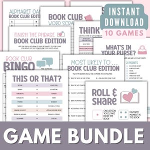 Puede incluir: Un paquete de juegos imprimibles para clubes de lectura con 10 juegos diferentes. Los juegos incluyen "Juego de alfabeto", "Bingo del club de lectura", "Completa la frase", "Piensa", "Lo m&aacute;s probable", "Esto o aquello", "Qu&eacute; hay en tu bolso", "Tira y comparte". Los juegos est&aacute;n dise&ntilde;ados para jugarse durante una reuni&oacute;n del club de lectura.