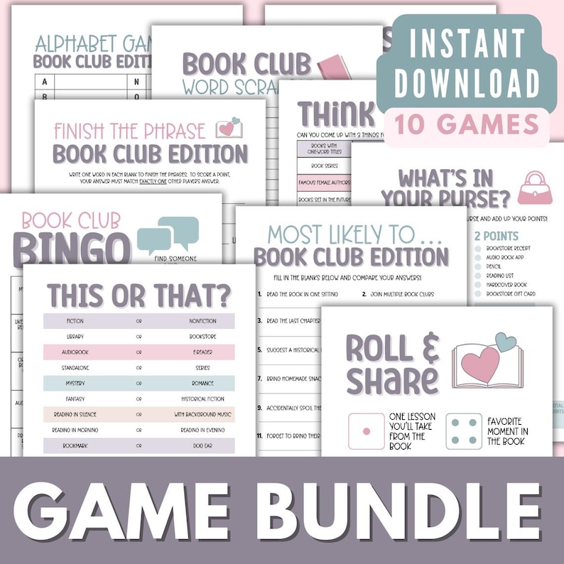 Puede incluir: Un paquete de juegos imprimibles para clubes de lectura con 10 juegos diferentes. Los juegos incluyen "Juego de alfabeto", "Bingo del club de lectura", "Completa la frase", "Piensa", "Lo m&aacute;s probable", "Esto o aquello", "Qu&eacute; hay en tu bolso", "Tira y comparte". Los juegos est&aacute;n dise&ntilde;ados para jugarse durante una reuni&oacute;n del club de lectura.