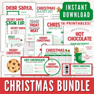 PAQUETE imprimible navideño, imprimibles navideños, etiquetas de regalo digitales, listas de verificación, amigo invisible, cupones, certificados de regalo, barra de chocolate caliente