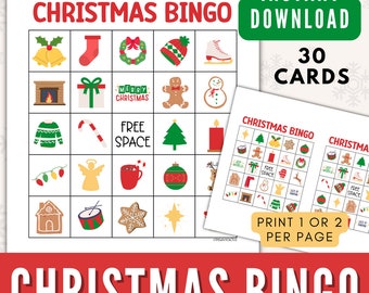 クリスマス ビンゴの印刷物、子供や大人向けのクリスマス ビンゴ カード、デジタル ダウンロードのホリデー ビンゴ ゲーム、グループ向けの楽しいクリスマス パーティー ゲーム