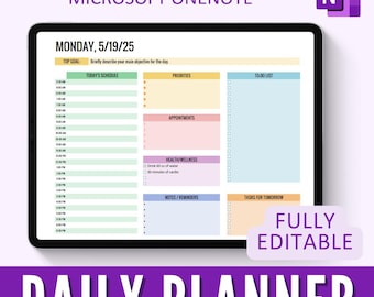 May include: A digital daily planner template for Microsoft OneNote. The template is colorfully designed with sections for a top goal, today's schedule, priorities, to-do list, appointments, health and wellness, notes and reminders, and tasks for tomorrow. The template is fully editable.