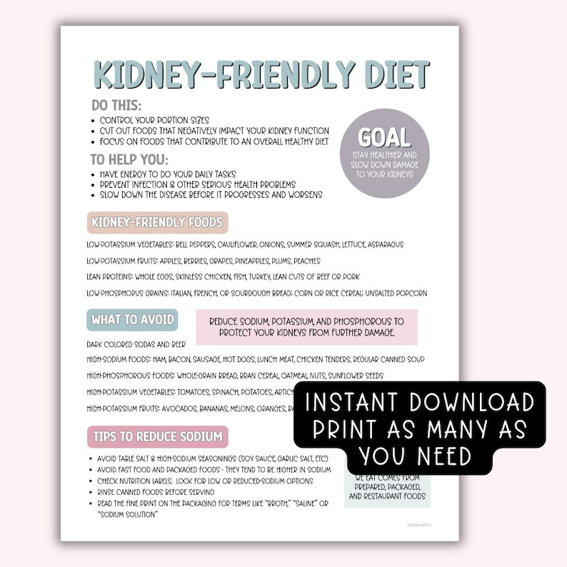 May include: A printable guide with tips for a kidney-friendly diet. The guide includes a list of foods to eat and avoid, as well as tips to reduce sodium intake. The goal is to stay healthier and slow down damage to your kidneys.