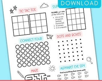 Kids Activity Printable Instant Download | Children Coloring and Activities Sheet | Tic Tac Toe Connect Four Maze Activity