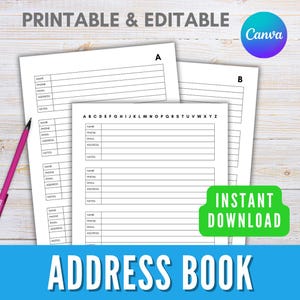 May include: Printable and editable address book with lined pages for contact information. The design includes fields for name, phone, email, address, and notes. The address book is available for instant download.