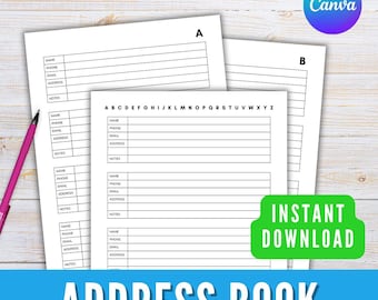 Printable Address Book PDF & Editable Canva Templates, Contact List, Digital Address Organizer, Planner Inserts, Contact Tracker Info