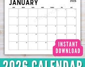 2026 Calendar Printable, Monthly Planner Landscape, Minimal Monthly Calendar 2026 Printable, Sunday Start Letter Wall Calendar Download