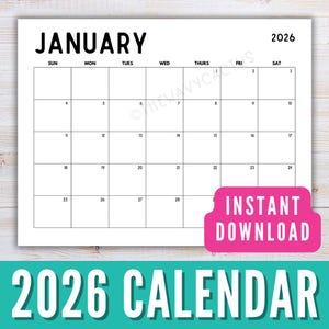 Calendario imprimible 2026, planificador mensual horizontal, calendario mensual minimalista 2026 imprimible, calendario de pared con inicio en domingo para descargar