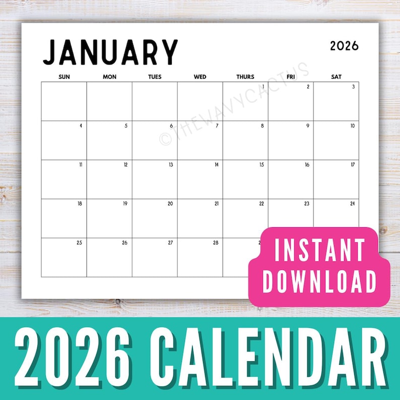 K&ouml;nnte beinhalten: Ein minimalistischer Januar-Kalender 2026 in Schwarz und Wei&szlig;. Das Wort "JANUAR" steht oben, darunter die Wochentage. Ein pinkfarbenes Banner mit "SOFORT-DOWNLOAD" befindet sich rechts. Unten steht "2026 KALENDER".