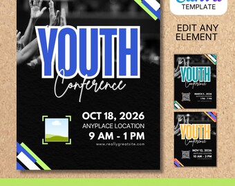 May include: Black Canva template for a youth conference, featuring the text "YOUTH Conference" in blue and white. The date is October 18, 2026, from 9 AM to 1 PM. Includes a sample image and the words "EDITABLE TEMPLATE".