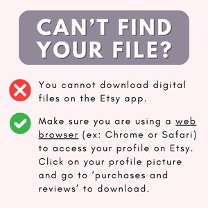 Op de afbeelding: Een rood kruis en een groen vinkje met tekst die uitlegt dat je geen digitale bestanden kunt downloaden via de Etsy-app, maar dat je ze kunt downloaden met behulp van een webbrowser zoals Chrome of Safari. De tekst legt ook uit hoe je toegang krijgt tot je aankopen en beoordelingen op Etsy.