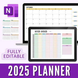 May include: A digital 2025 planner design with a purple and white color scheme. The image shows a laptop and tablet displaying calendar and schedule templates. Text includes "FULLY EDITABLE" and "2025 PLANNER".