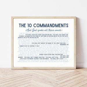 Zehn Gebote Druck, minimalistische christliche Wandkunst, moderne Bibel Vers Wohnkultur, neutrale blau und weiß Schrift Poster