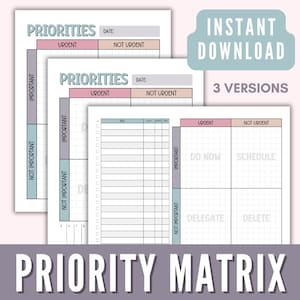 Puede incluir: Tres plantillas imprimibles de matriz de prioridades con las palabras "PRIORIDADES" y "FECHA" en la parte superior. La matriz se divide en cuatro cuadrantes etiquetados "Urgente" y "No urgente" en la parte superior y "Importante" y "No importante" en el lateral. La tercera plantilla tiene las palabras "HACER AHORA", "PROGRAMAR", "DELEGAR" y "ELIMINAR" en los cuadrantes.