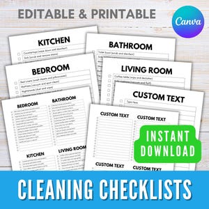 May include: A collection of printable cleaning checklists, including kitchen, bathroom, bedroom, and living room tasks. The checklists are editable and feature a custom text option, with an instant download available.