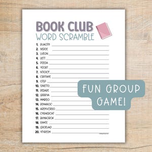May include: A printable book club word scramble game with a pink book icon. The game includes 20 words to unscramble, such as "author", "genre", and "novel".