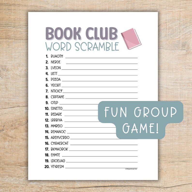 May include: A printable book club word scramble game with a pink book icon. The game includes 20 words to unscramble, such as "author", "genre", and "novel".