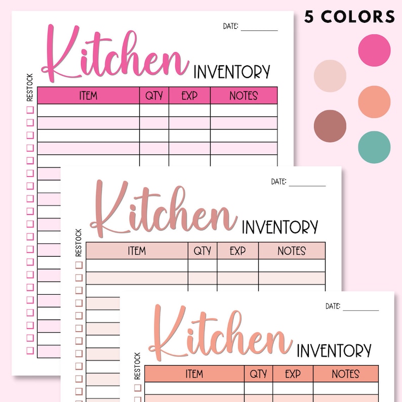 May include: Printable kitchen inventory list with three pages. Each page has a pink, peach, or orange header with the text "Kitchen Inventory". The pages have columns for restock, item, quantity, expiration date, and notes.