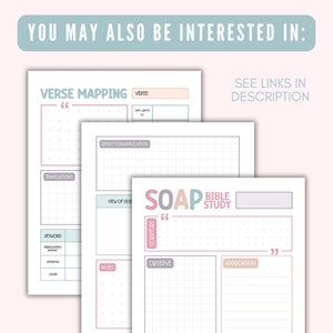 May include: Printable Bible study worksheets with a pink and blue color scheme. The worksheets include sections for verse mapping, SOAP Bible study, and reflection/application.