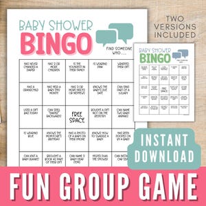 Utskrivbart bingokort för babyshower, babyshowerspel för stor grupp, hitta någon som-spel, utskrivbart isbrytarkort för pojke, flicka eller könsneutralt