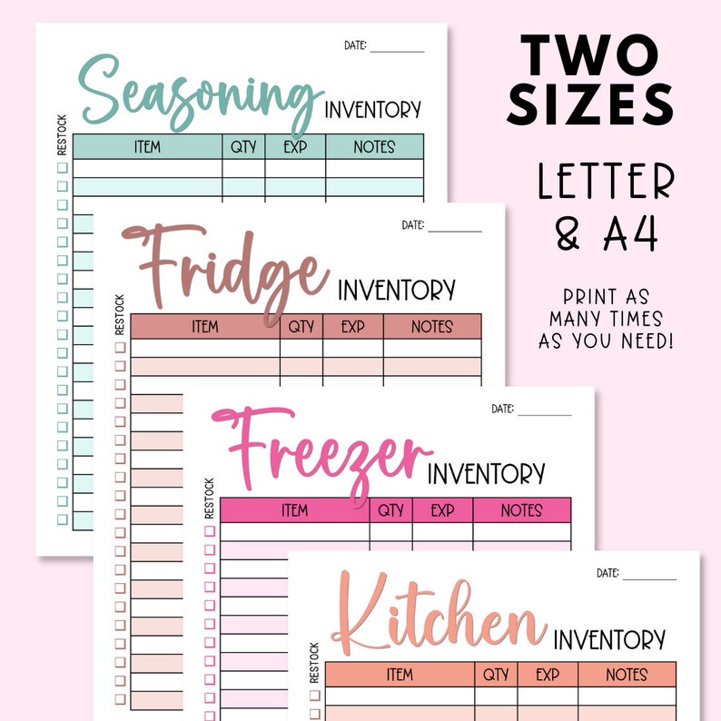 May include: Printable inventory list for kitchen organization.  The list includes sections for seasoning, fridge, freezer, and kitchen.  The list has columns for item, quantity, expiration date, and notes.  The list is available in two sizes: letter and A4.