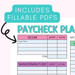 May include: A printable paycheck planner with sections for income, savings, and sinking funds. The planner includes columns for budget, actual spending, and date. The planner is designed to help people track their finances and reach their financial goals.