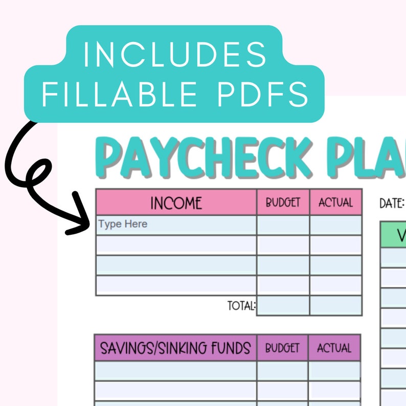 May include: A printable paycheck planner with sections for income, savings, and sinking funds. The planner includes columns for budget, actual spending, and date. The planner is designed to help people track their finances and reach their financial goals.