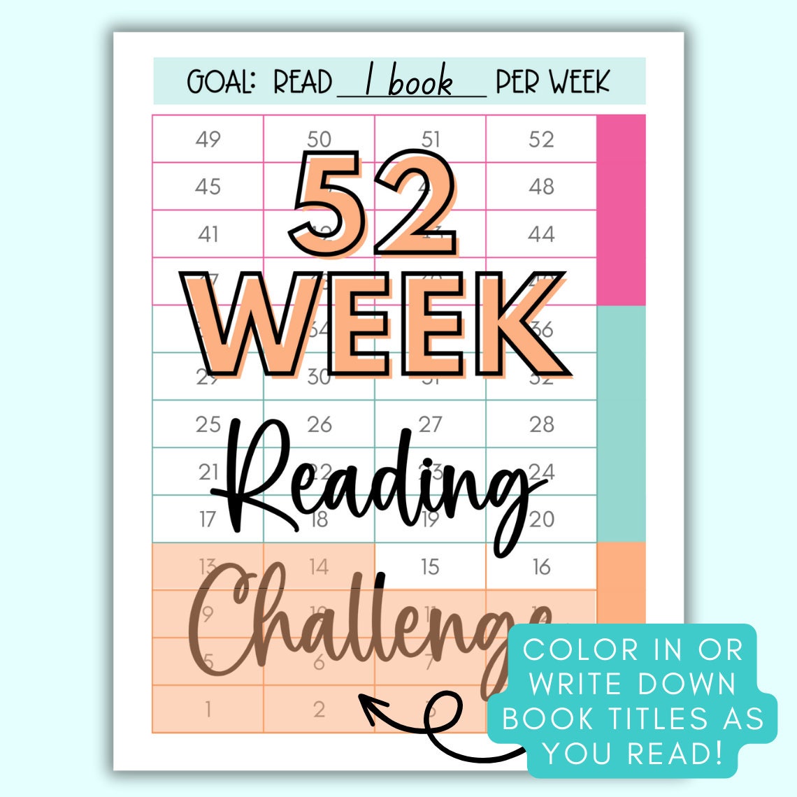 52 Week Reading Challenge Printable Tracker, Reading Tracker, Reading
