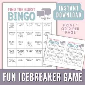 Encuentre las tarjetas de bingo invitadas imprimibles, descarga instantánea del divertido juego rompehielos, conozcalo, encuentre a alguien que juegue bingo, actividad rompehielos pdf