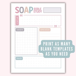 Pode incluir: Modelo de estudo b&iacute;blico SOAP imprim&iacute;vel com se&ccedil;&otilde;es para Escritura, Observar, Aplica&ccedil;&atilde;o e Ora&ccedil;&atilde;o. O modelo tem um esquema de cores rosa claro, azul claro e marrom claro.