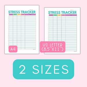 Puede incluir: Dos plantillas de seguimiento del estr&eacute;s imprimibles en diferentes tama&ntilde;os: US Letter (8,5" x 11") y A4. Las plantillas tienen un encabezado colorido con el texto "Stress Tracker" y columnas para "Bajo", "Medio", "Alto", "Grave" y "Notas".