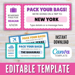 May include: A pink and white travel-themed template with the text "PACK YOUR BAGS!" and "NEW YORK". Includes boarding passes for Reagan and Audrey, and the text "EDITABLE TEMPLATE" and "INSTANT DOWNLOAD".