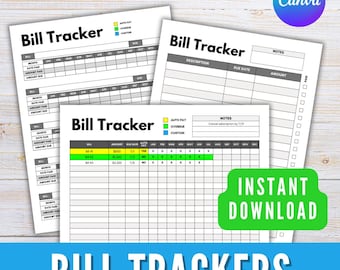 Puede incluir: Varios rastreadores de facturas imprimibles en blanco con el texto "Bill Tracker" en fuente negra. Los rastreadores incluyen secciones para descripciones, fechas de vencimiento e importes. También se ven las palabras "Editable & Printable" e "Instant Download".
