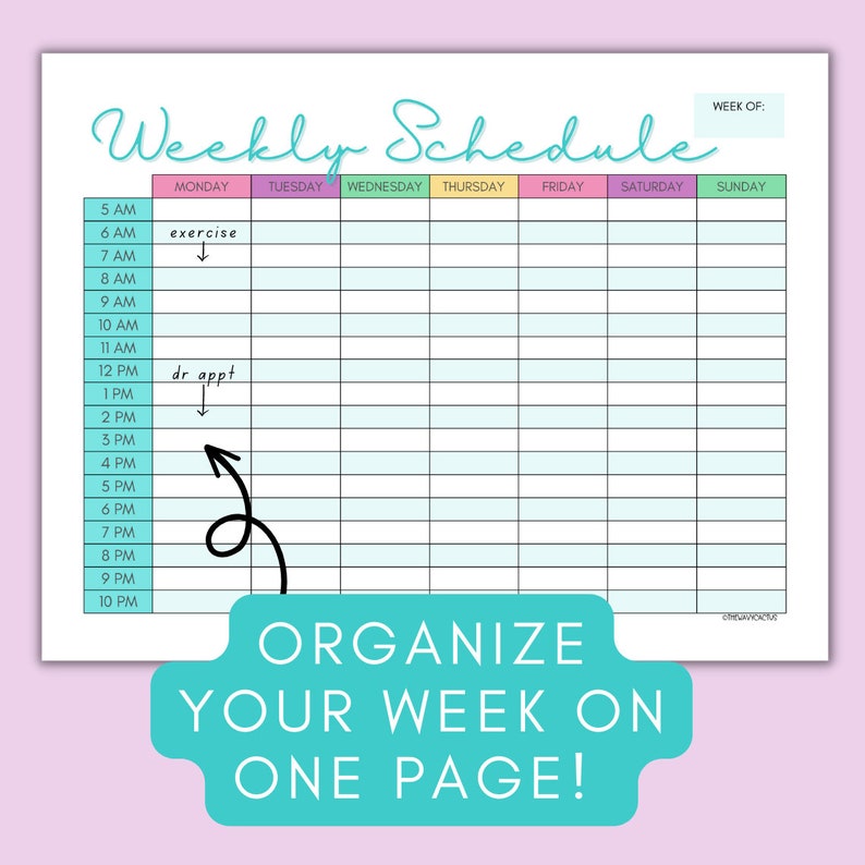 May include: A printable weekly schedule planner with a light blue background and colorful headers for each day of the week. The planner has a section for each hour from 5 AM to 10 PM. The text "ORGANIZE YOUR WEEK ON ONE PAGE!" is at the bottom of the planner.
