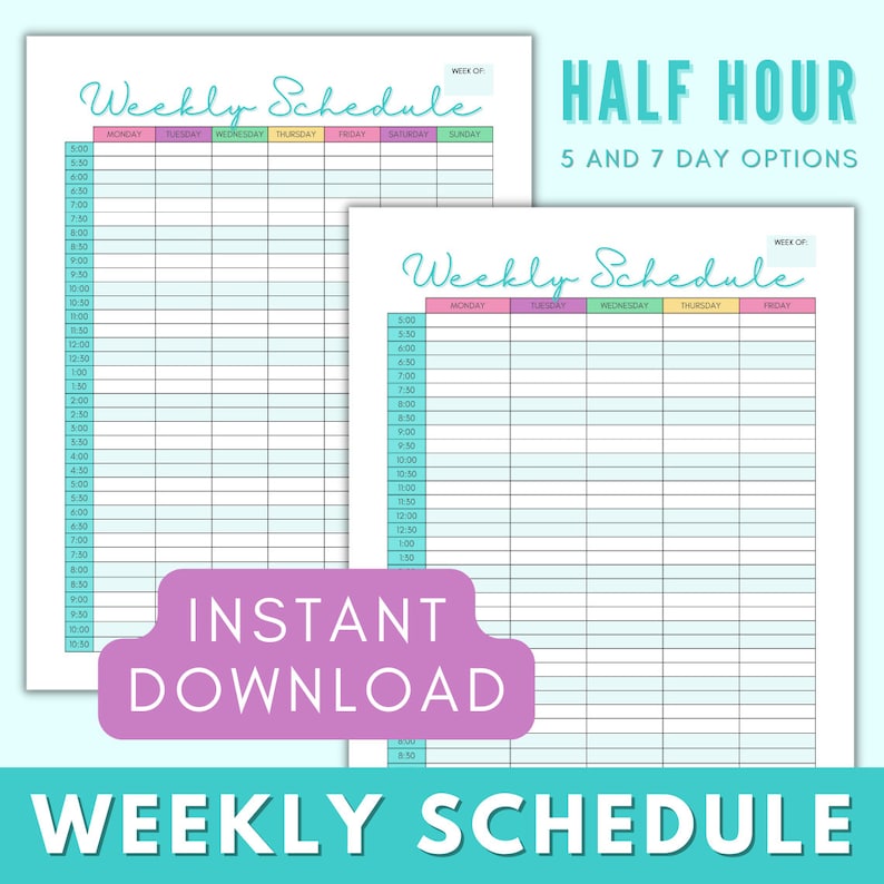 Weekly Half Hour Planner Printable Weekly Schedule, Daily Planner ...