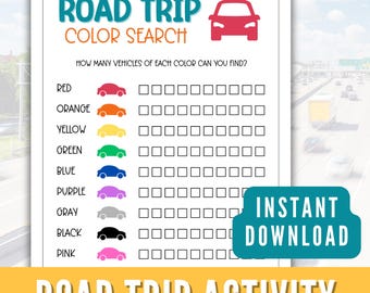 Printable Kids Road Trip Game, Family Road Trip Activity, Color Search Car Game, Travel Printable, Family Vacation Screen Free Activities