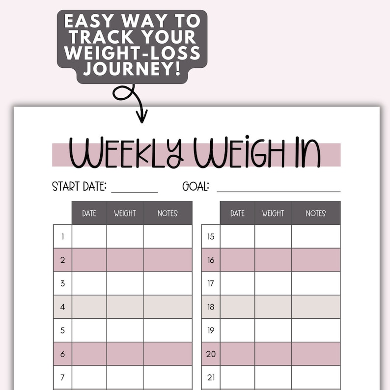 Weekly Weigh in Printable Weight Loss Journey Chart Template Weight ...