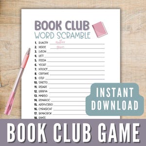 May include: A printable book club game with a pink book icon and the text "BOOK CLUB WORD SCRAMBLE". The game includes 18 scrambled words related to books, authors, and genres. The text "INSTANT DOWNLOAD" and "BOOK CLUB GAME" is also included.