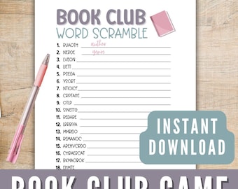 Puede incluir: Un juego de club de lectura imprimible con un icono de libro rosa y el texto "BOOK CLUB WORD SCRAMBLE". El juego incluye 18 palabras mezcladas relacionadas con libros, autores y géneros. El texto "INSTANT DOWNLOAD" y "BOOK CLUB GAME" también está incluido.