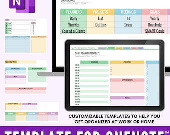 Bunt Vorlage für OneNote Arbeit oder Schule | Tages, Wochen, Jahresplaner | Ziele setzen, Projekt-Tracking, Meeting-Notizen | Personalisierbar