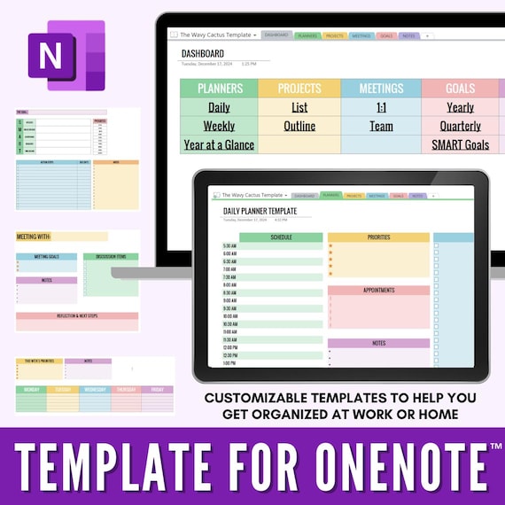 Colorful Template for OneNote Work or School | Daily, Weekly, Yearly Planner | Goal Setting, Project Tracking, Meeting Notes | Customizable