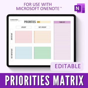 May include: A digital tablet displaying a "Priorities Matrix" template for Microsoft OneNote. The template is divided into sections labeled "Urgent," "Not Urgent," "Important," and "Not Important," with a "Task List" column. The word "EDITABLE" is also visible.