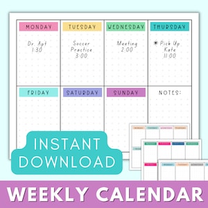 Afdrukbare weekplanner - wekelijkse kalender liggend dagboekpagina - wekelijkse takenlijst - wekelijks menubord diner | Niet-gedateerd weekschema