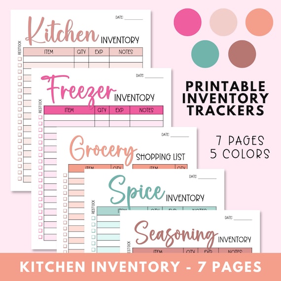 Kitchen Inventory Planner Printable | Grocery Shopping List Organizer | Pantry, Freezer, Fridge, Spice, Seasonings Tracker | A4 and Letter