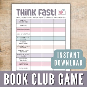 Gioco del club del libro stampabile, attività di discussione del club del libro Think Fast, attività divertente rompighiaccio del club del libro, gioco delle categorie di libri da scaricare immediatamente