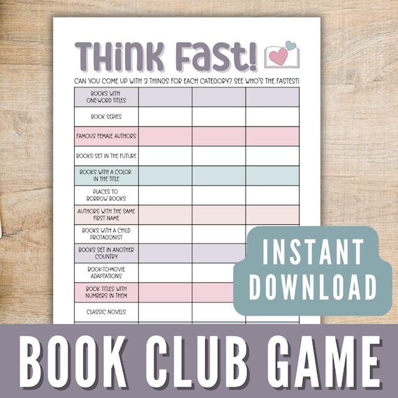 Book Club Game Printable, Think Fast Book Club Discussion Activity, Book Club Icebreaker Fun Activity, Book Categories Game Instant Download