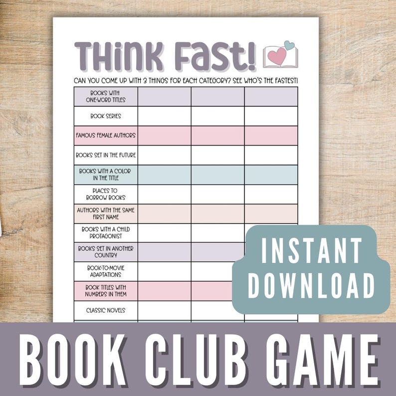 Puede incluir: Un juego de club de lectura imprimible con el t&iacute;tulo "Think Fast!" y el texto "&iquest;Puedes pensar en 3 cosas para cada categor&iacute;a? &iexcl;Mira qui&eacute;n es el m&aacute;s r&aacute;pido!" El juego incluye categor&iacute;as como "Libros con t&iacute;tulos de una sola palabra", "Series de libros", "Autoras famosas", "Libros ambientados en el futuro", "Libros con un color en el t&iacute;tulo", "Lugares para pedir prestados libros", "Autores con el mismo nombre", "Libros con un ni&ntilde;o protagonista", "Libros ambientados en otro pa&iacute;s", "Adaptaciones de libros a pel&iacute;culas", "T&iacute;tulos de libros con n&uacute;meros", y "Novelas cl&aacute;sicas".