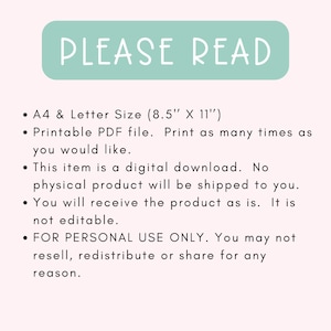 Pode incluir: Um ret&acirc;ngulo verde claro com o texto "PLEASE READ" em branco. Uma lista de instru&ccedil;&otilde;es para um download digital, incluindo o tamanho do arquivo PDF imprim&iacute;vel, 8,5 polegadas por 11 polegadas, e uma declara&ccedil;&atilde;o de que o item &eacute; apenas para uso pessoal.