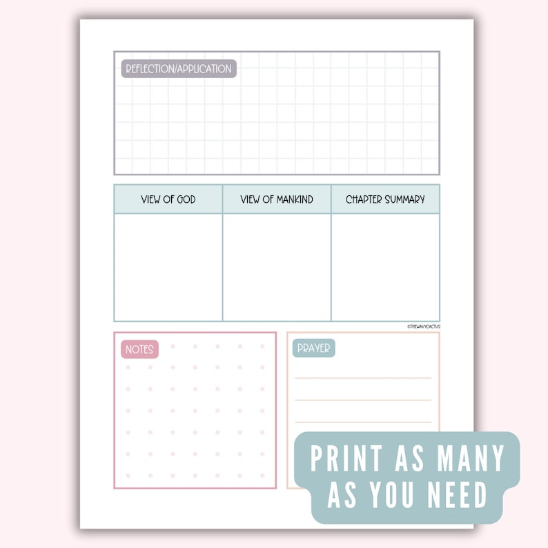 May include: Printable worksheet with sections for reflection, view of God, view of mankind, chapter summary, notes, and prayer. The worksheet has a light blue, pink, and gray color scheme.